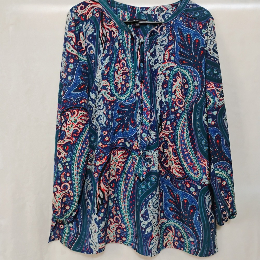 Lands End Womens 14 W Blue Paisley Pintuck Button Front Long Sleeve Blouse Top W
